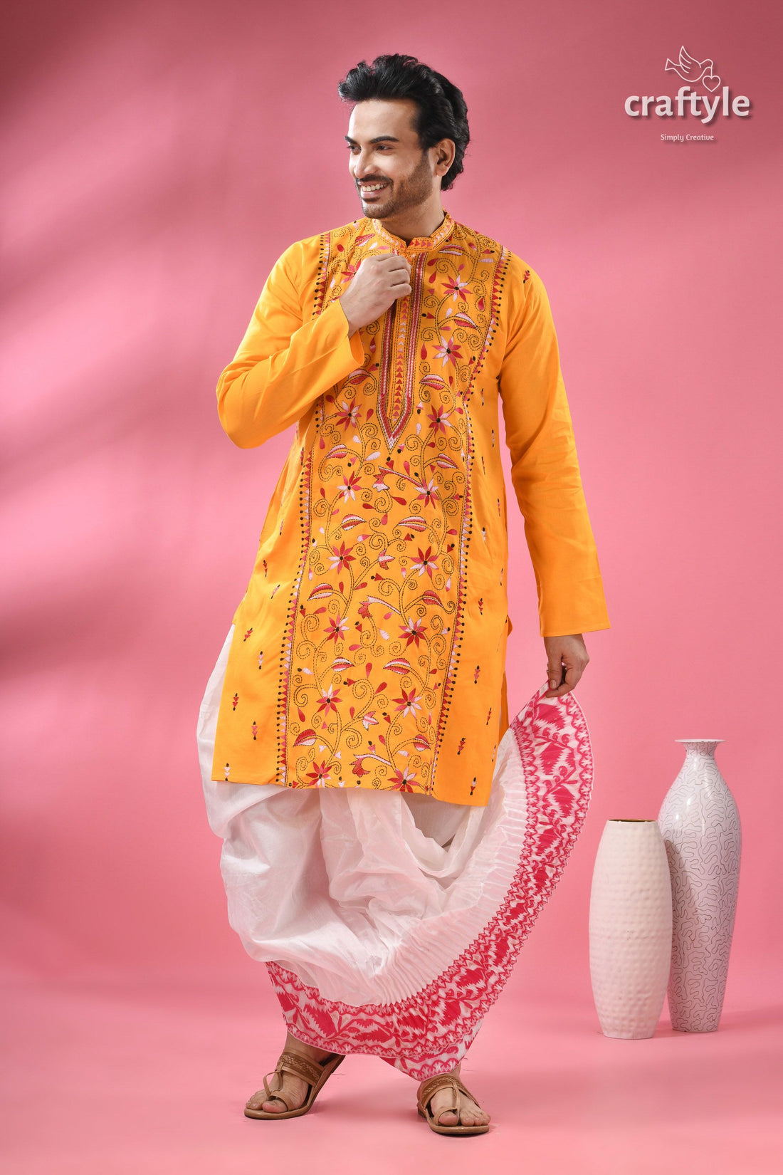 Marigold Yellow Kantha Stitch Cotton Panjabi for Men