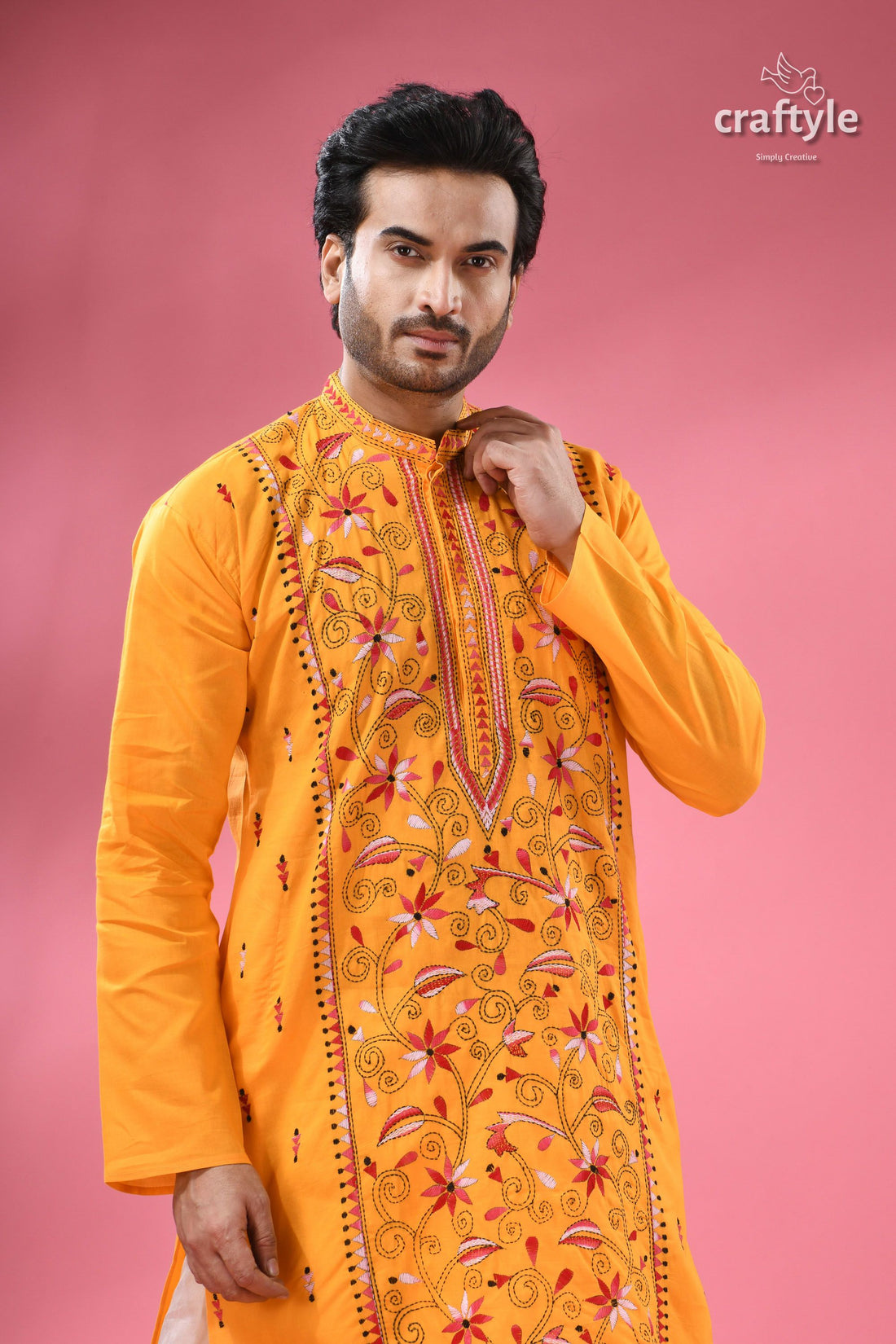 Marigold Yellow Kantha Stitch Cotton Panjabi for Men