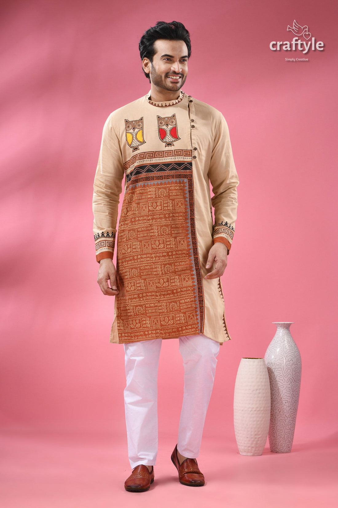 Hand Block Printed Cotton Panjabi for Men with Applique and Embroidery
