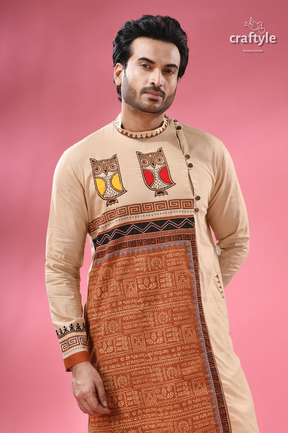 Hand Block Printed Cotton Panjabi for Men with Applique and Embroidery