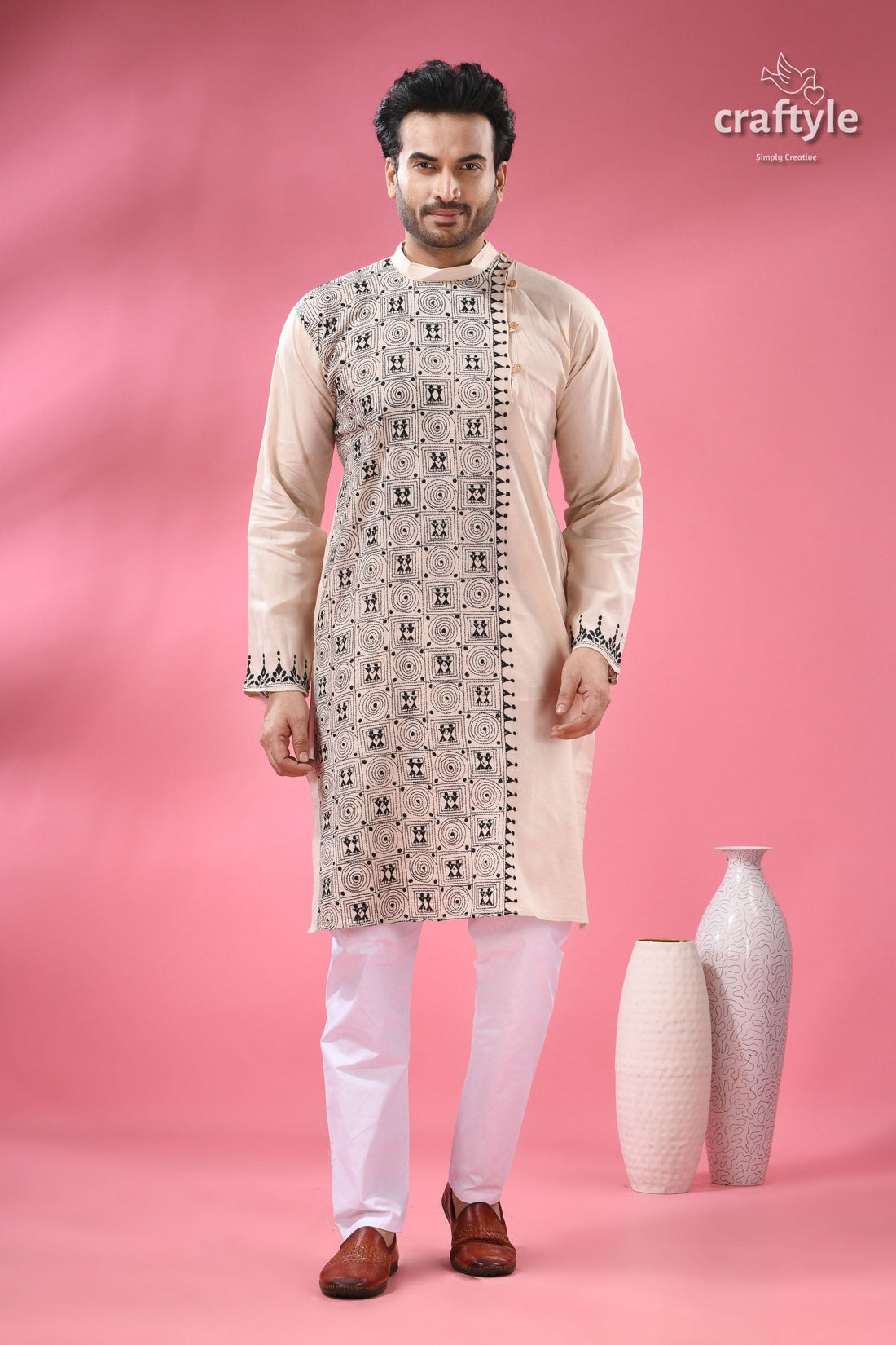 Orchid White Black Thread Hand Kantha Work Men&