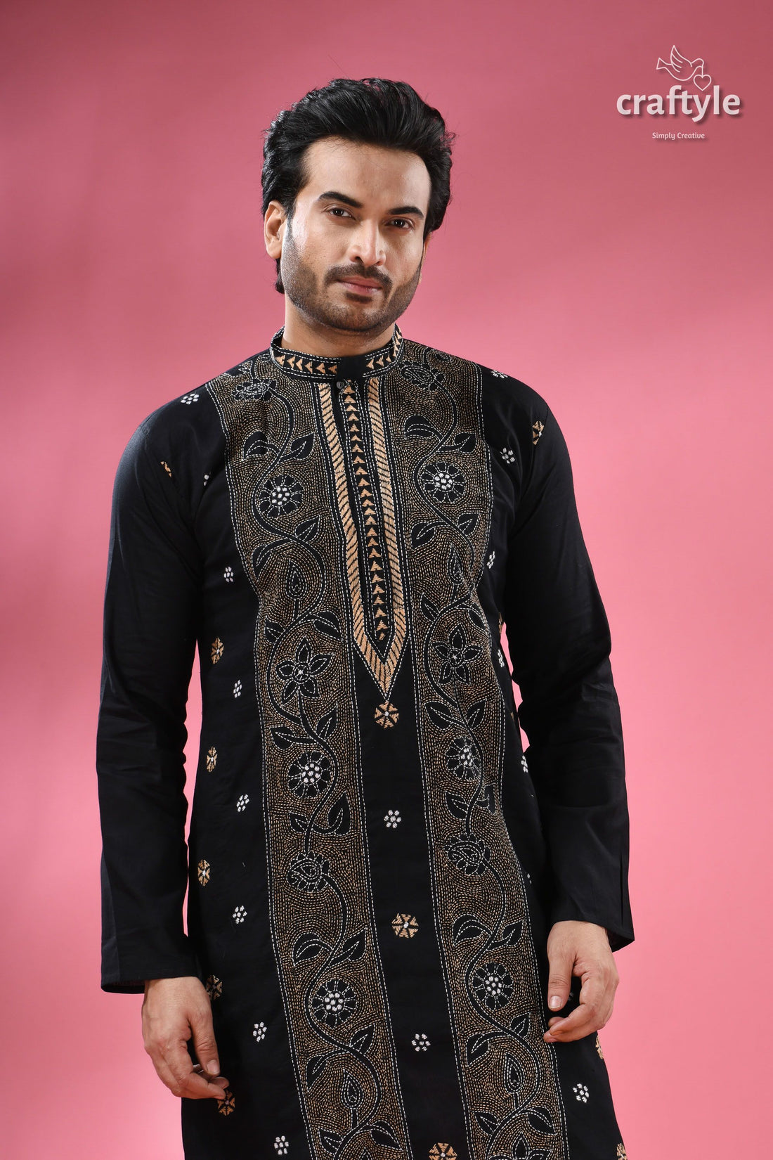 Pitch Black Floral Kantha Embroidery Cotton Kurta for Men