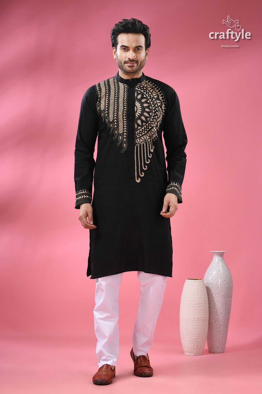 Beige Thread Work Black Kantha Stitch Cotton Kurta for Men