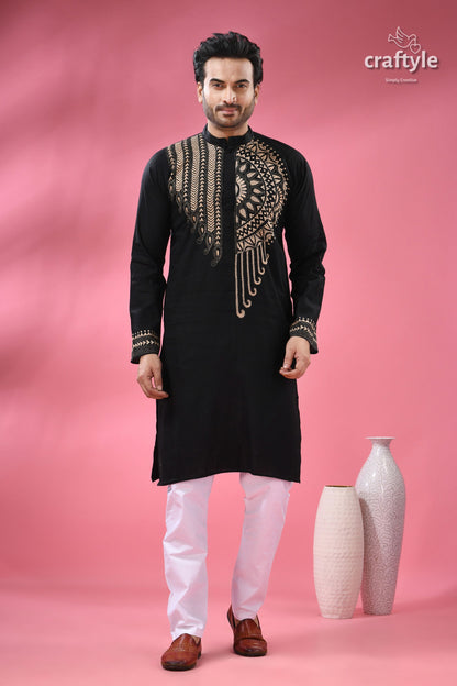 Beige Thread Work Black Kantha Stitch Cotton Kurta for Men