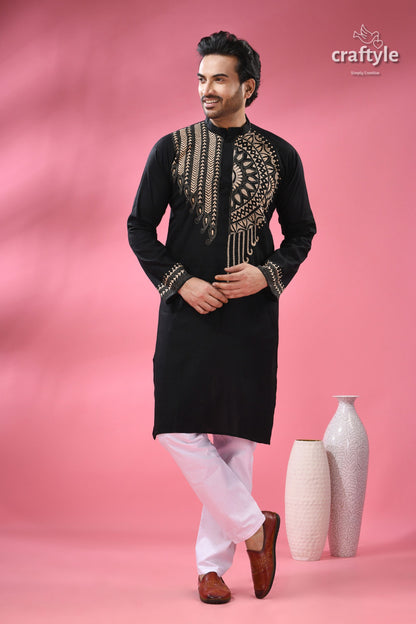 Beige Thread Work Black Kantha Stitch Cotton Kurta for Men