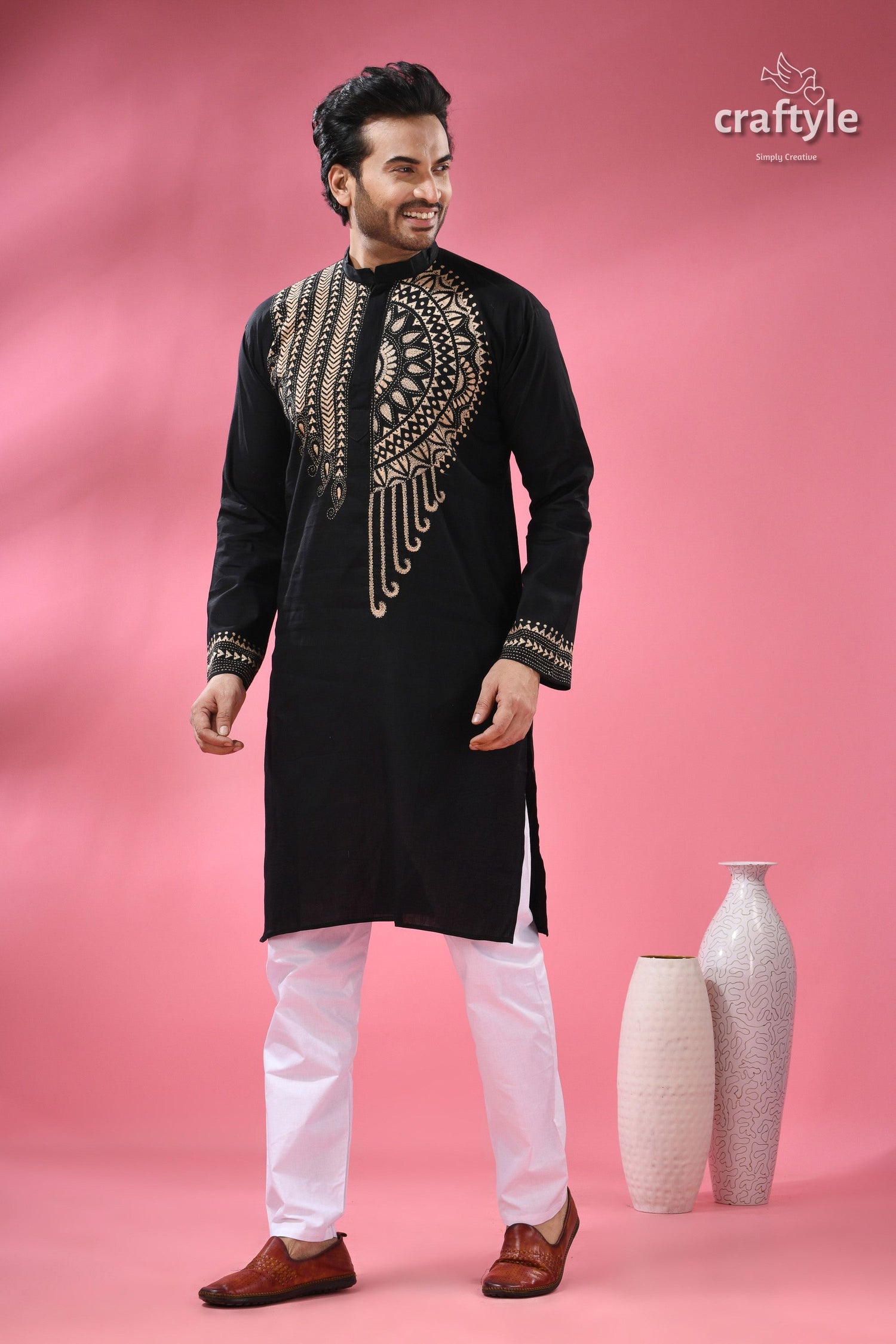 Beige Thread Work Black Kantha Stitch Cotton Kurta for Men