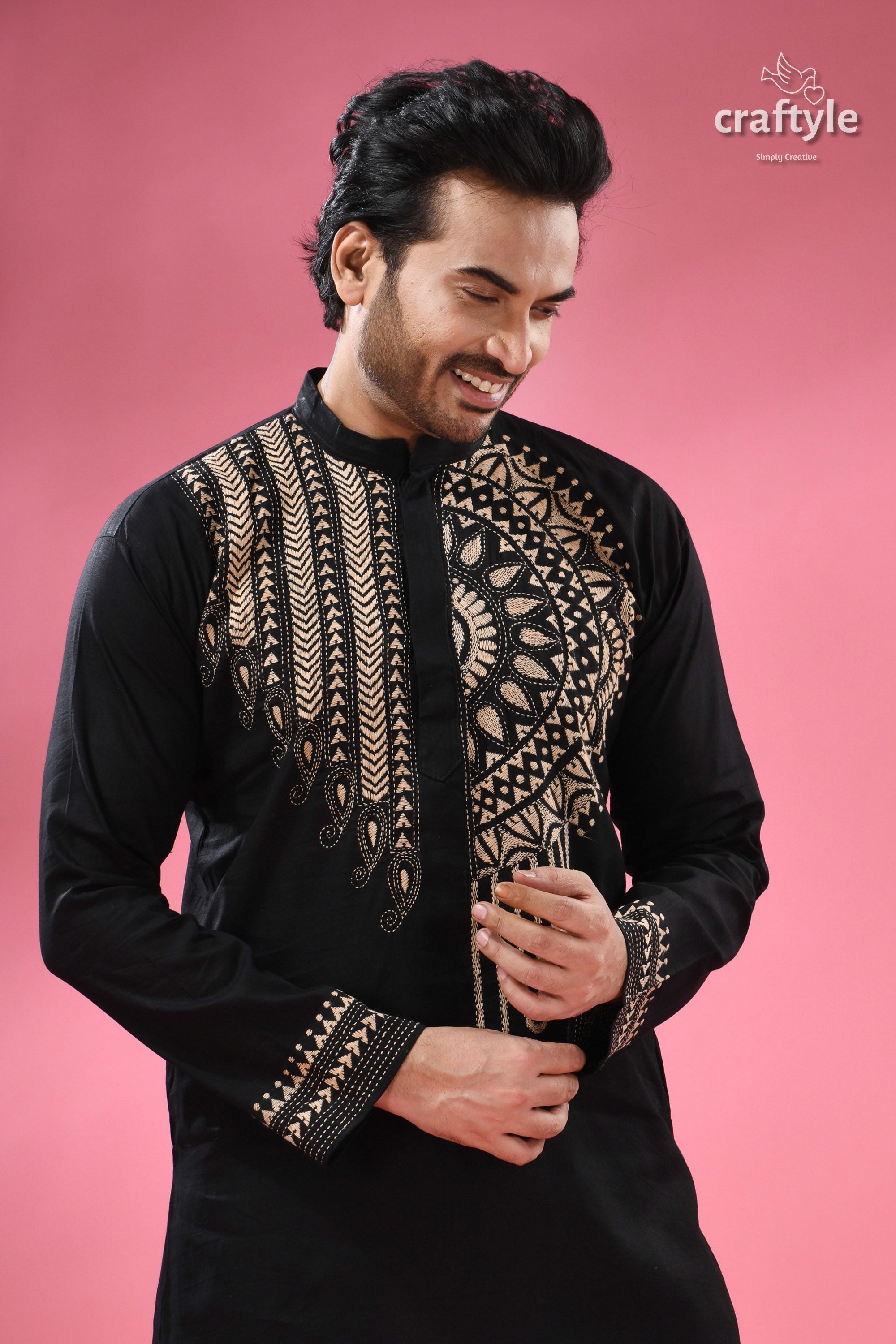 Beige Thread Work Black Kantha Stitch Cotton Kurta for Men