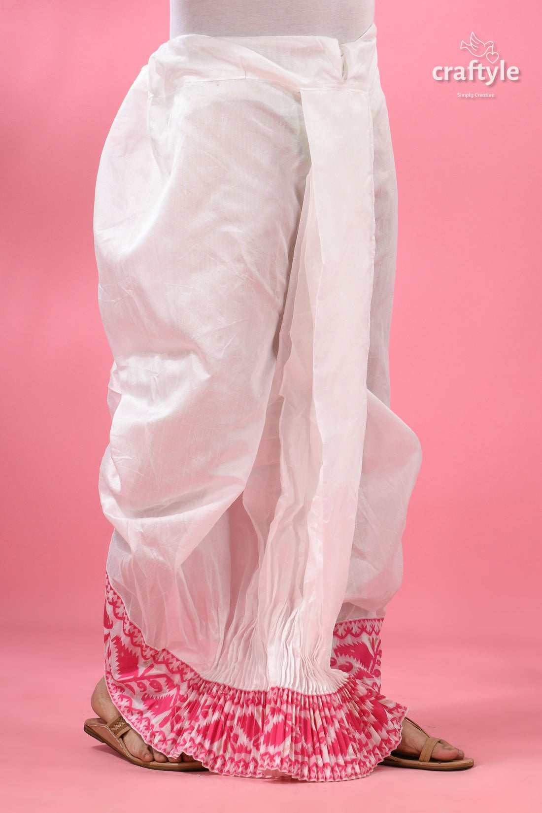 Pink Jamdani Border Mayur Puccha Silk Dhoti - Ready to Wear