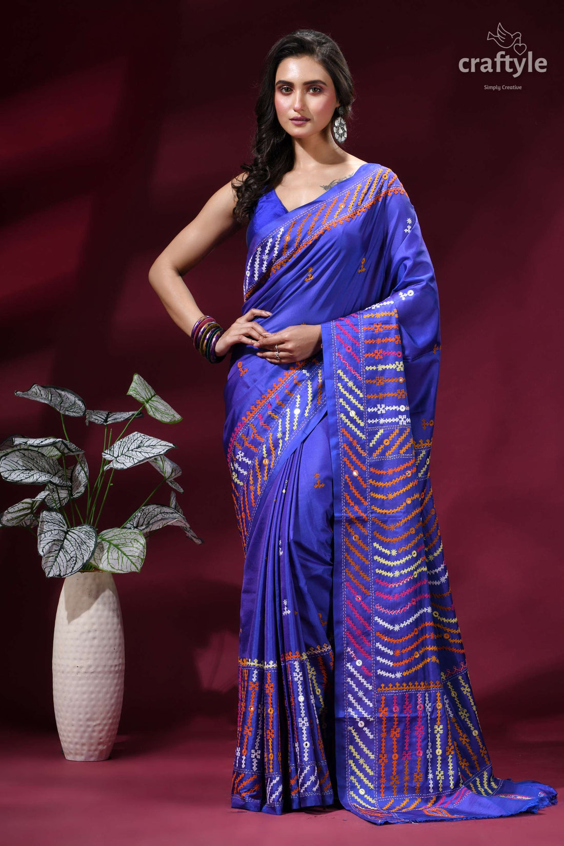 Blueberry Blue Hand Kutch Embroidered Silk Saree with Mirror Work