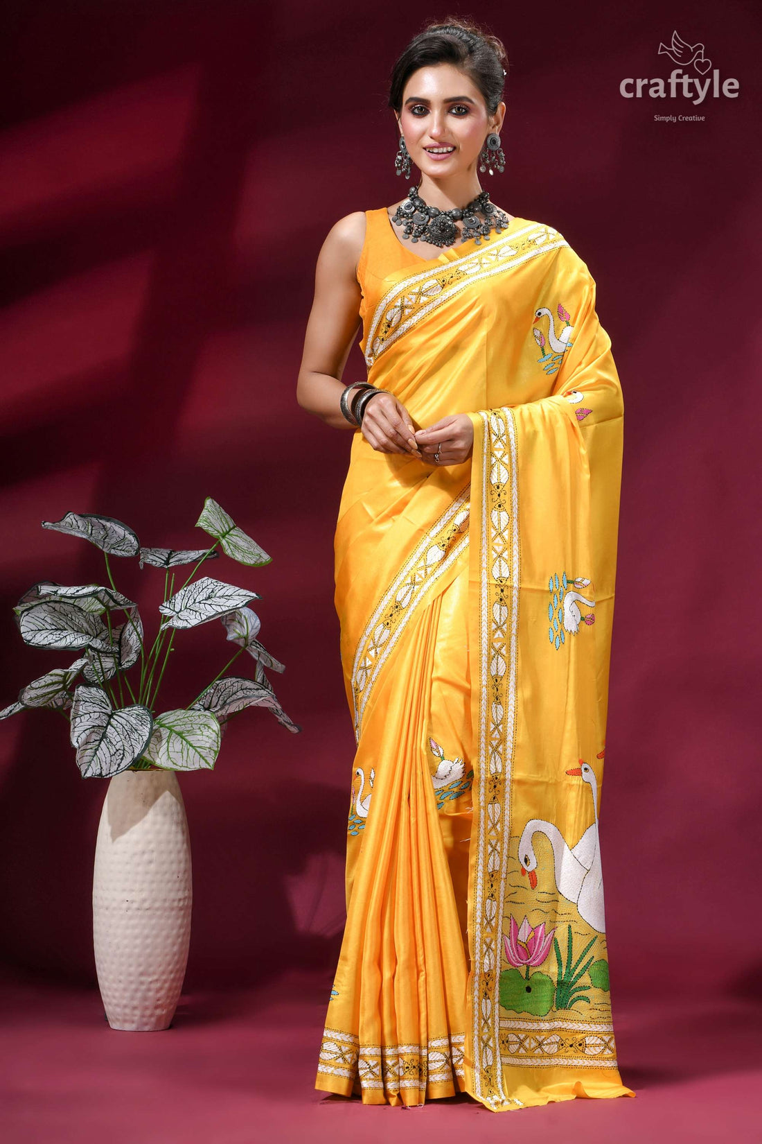 Artisanal Swan Design Kantha Embroidery Silk Saree in Lightning Yellow