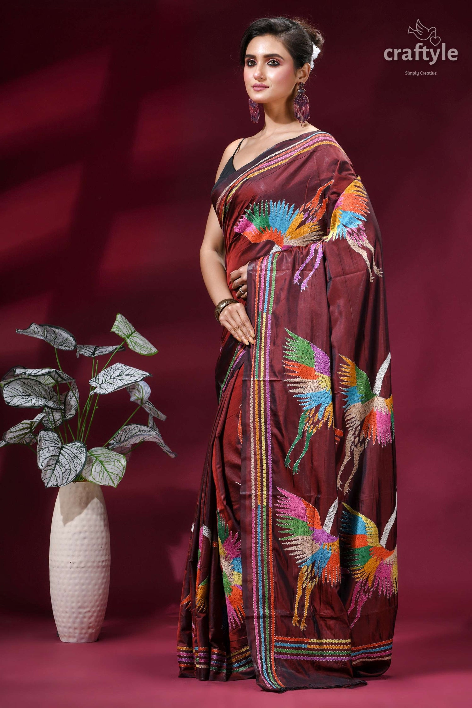 Wine Color Multicolor Heron Design Silk Kantha Stitch Saree
