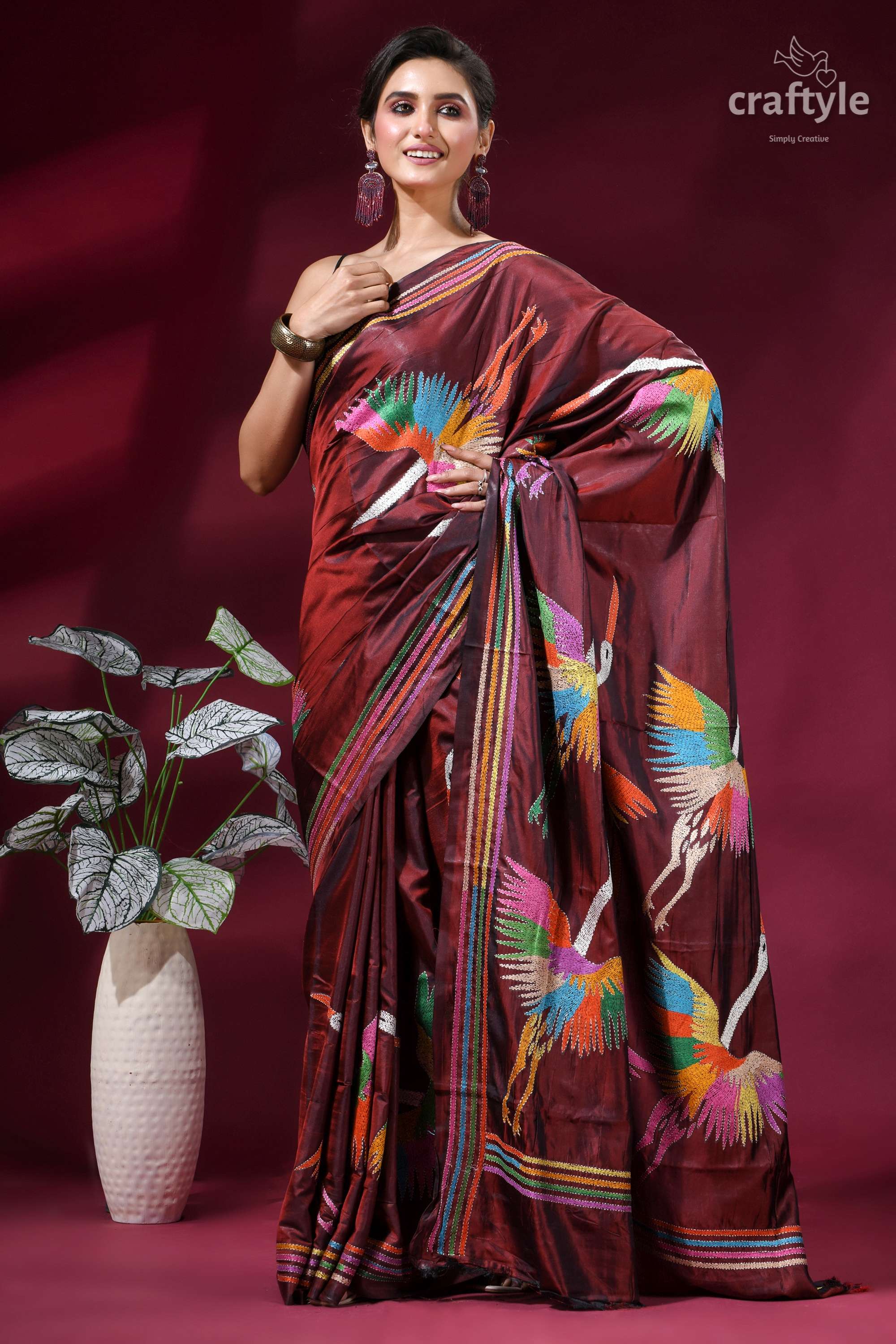 Wine Color Multicolor Heron Design Silk Kantha Stitch Saree