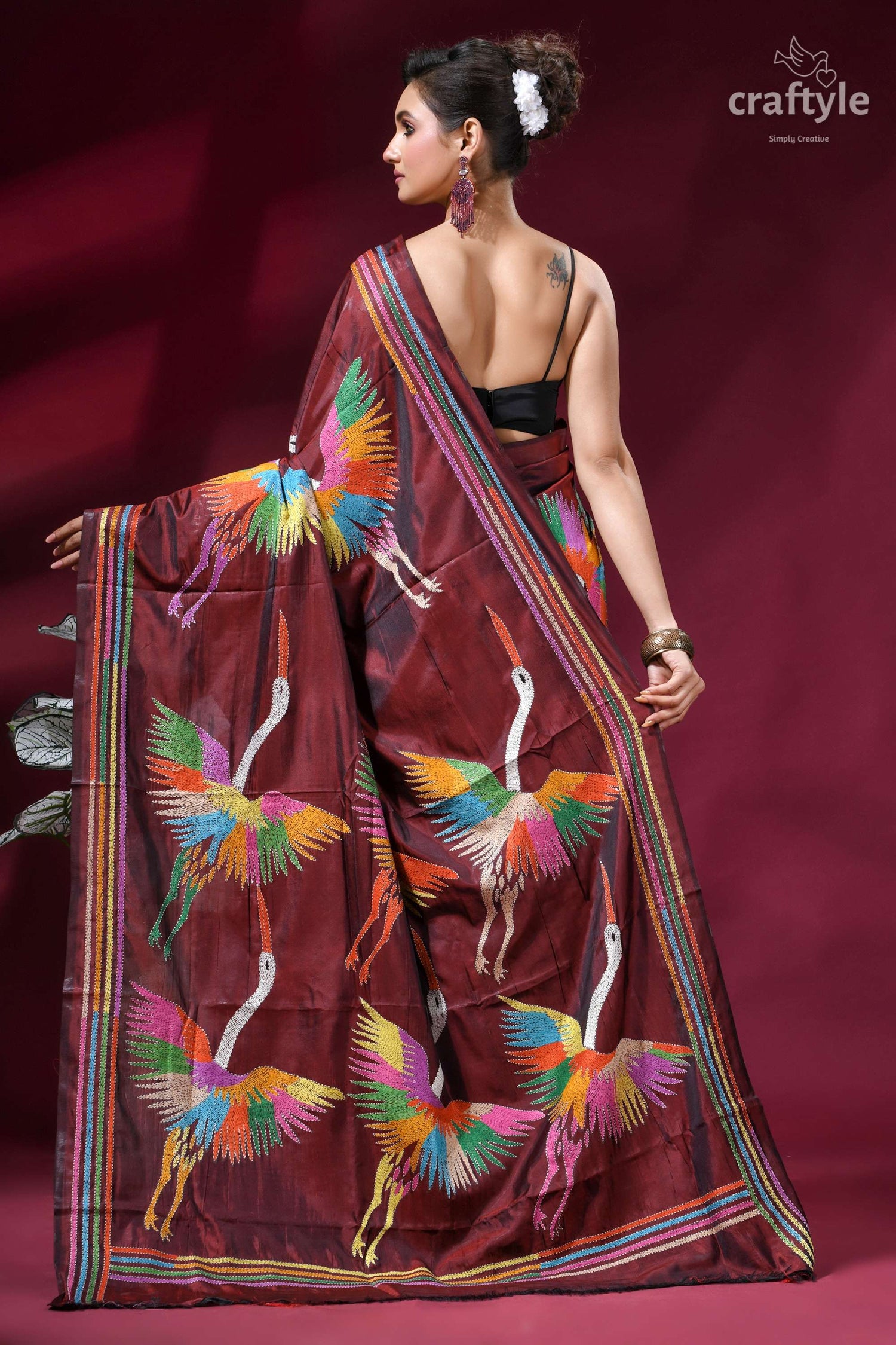 Wine Color Multicolor Heron Design Silk Kantha Stitch Saree