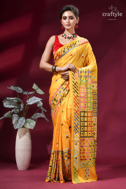 Golden Yellow Multi-thread Kutch Embroidered Silk Saree - Mirror Work