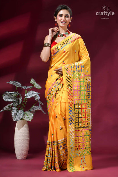 Golden Yellow Multi-thread Kutch Embroidered Silk Saree - Mirror Work