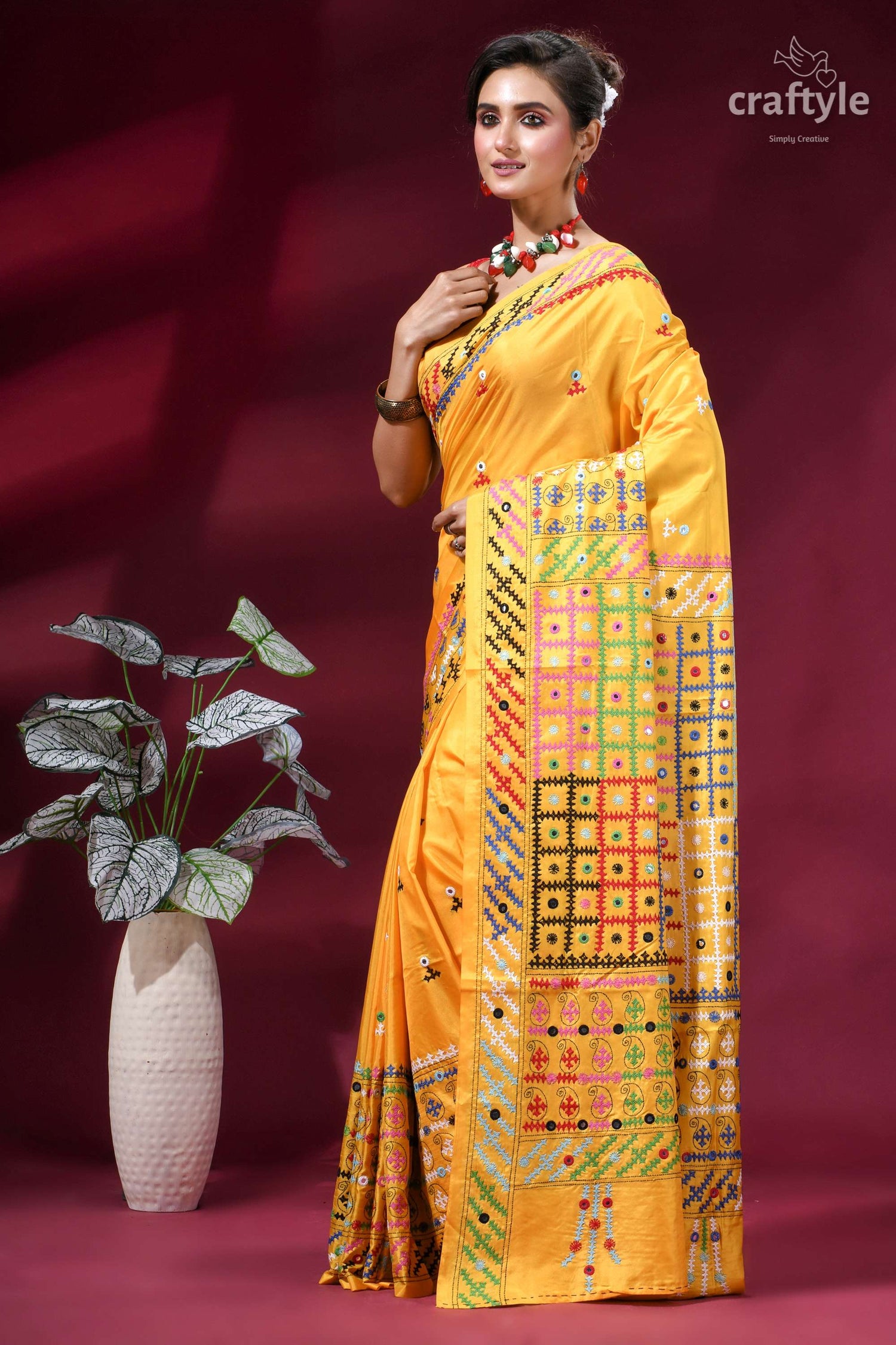 Golden Yellow Multi-thread Kutch Embroidered Silk Saree - Mirror Work