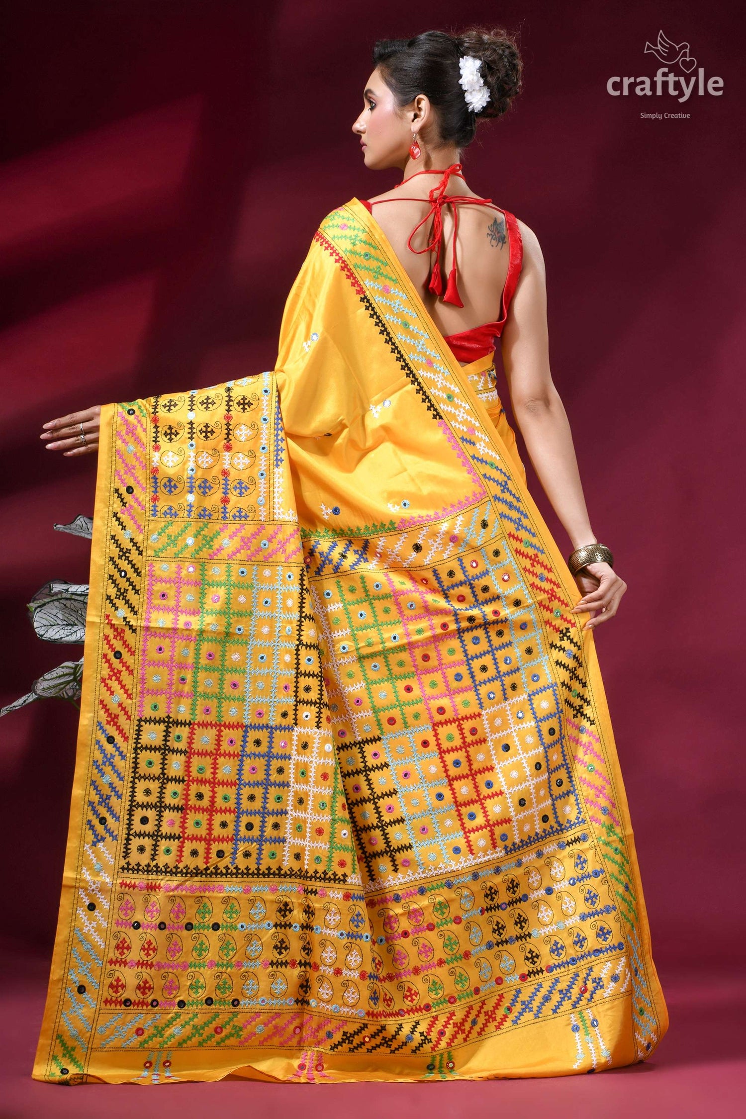 Golden Yellow Multi-thread Kutch Embroidered Silk Saree - Mirror Work