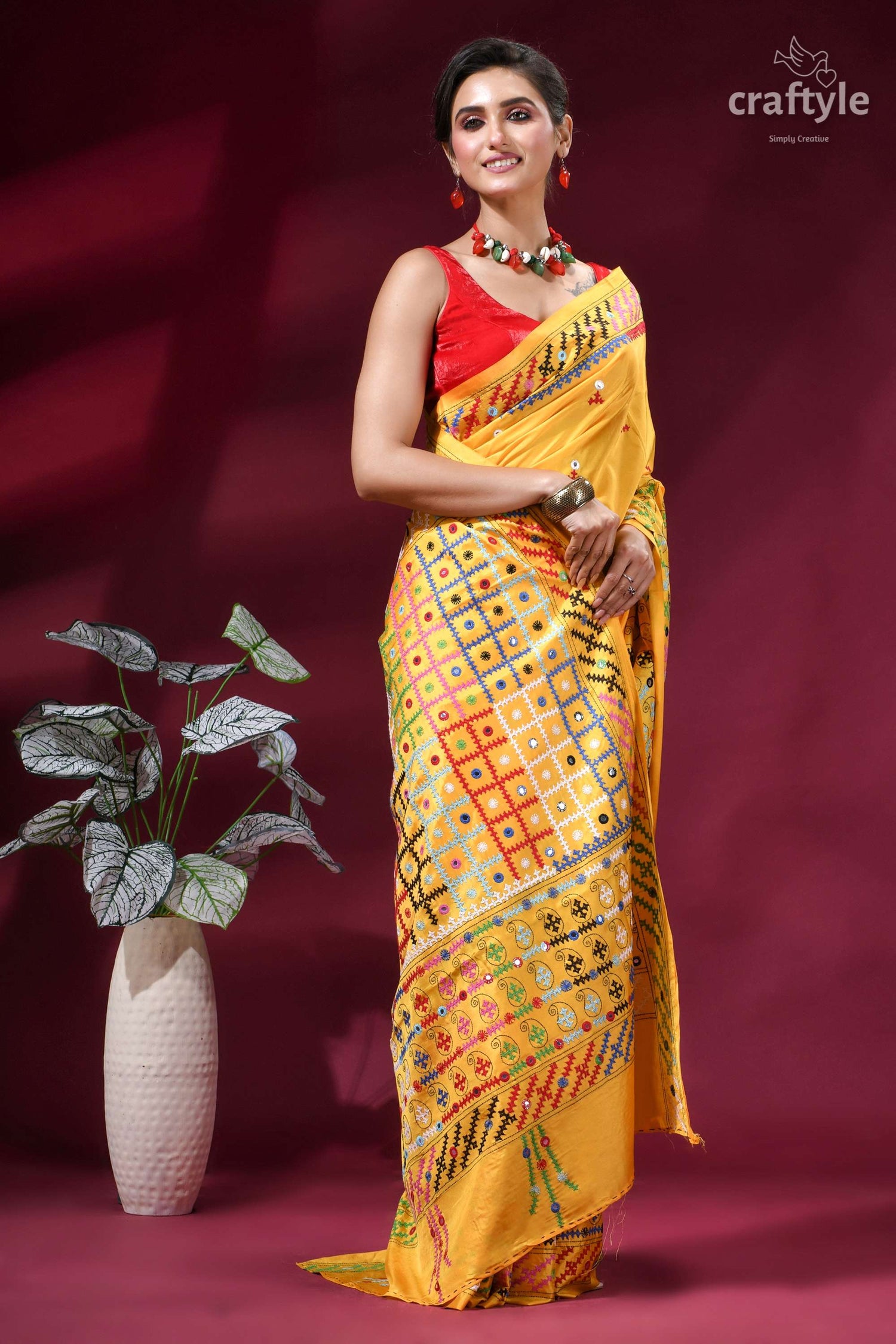 Golden Yellow Multi-thread Kutch Embroidered Silk Saree - Mirror Work