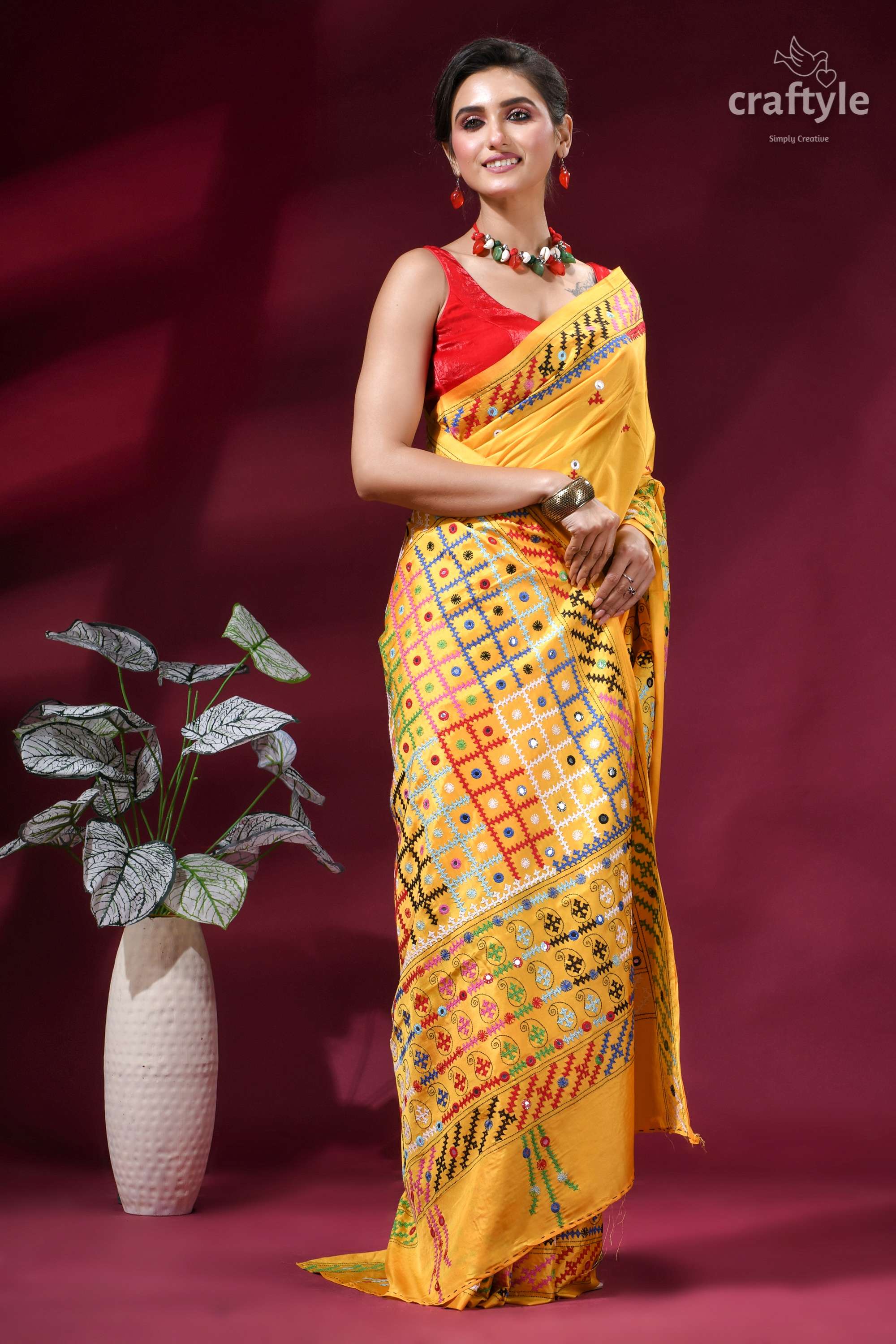 Golden Yellow Multi-thread Kutch Embroidered Silk Saree - Mirror Work