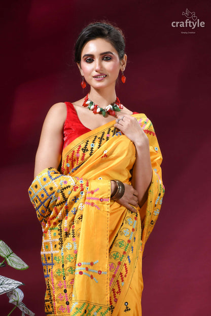 Golden Yellow Multi-thread Kutch Embroidered Silk Saree - Mirror Work