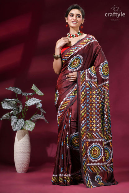 Handcrafted Kutch Work Silk Saree in Purple Brown with Mirror Work
