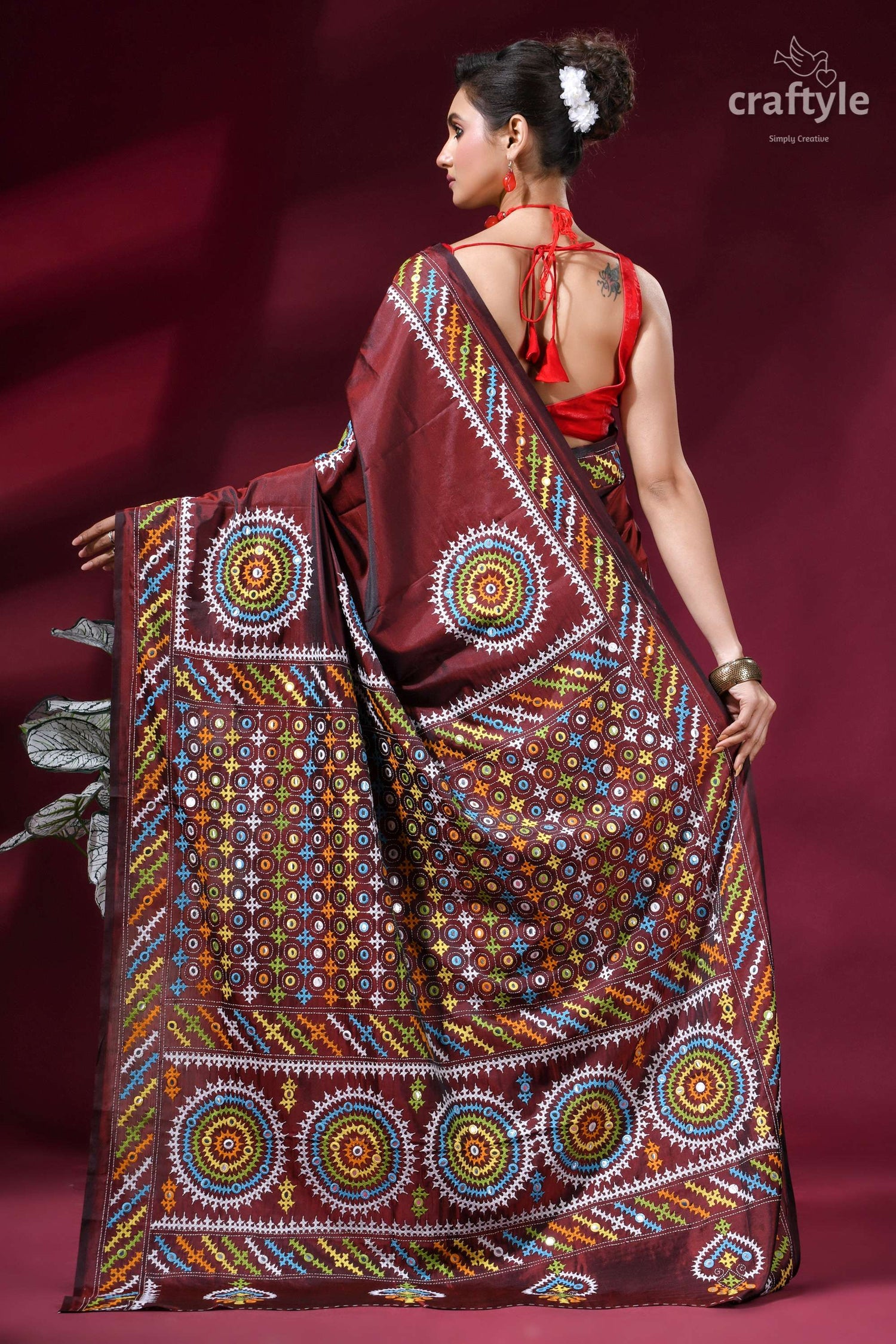 Handcrafted Kutch Work Silk Saree in Purple Brown with Mirror Work