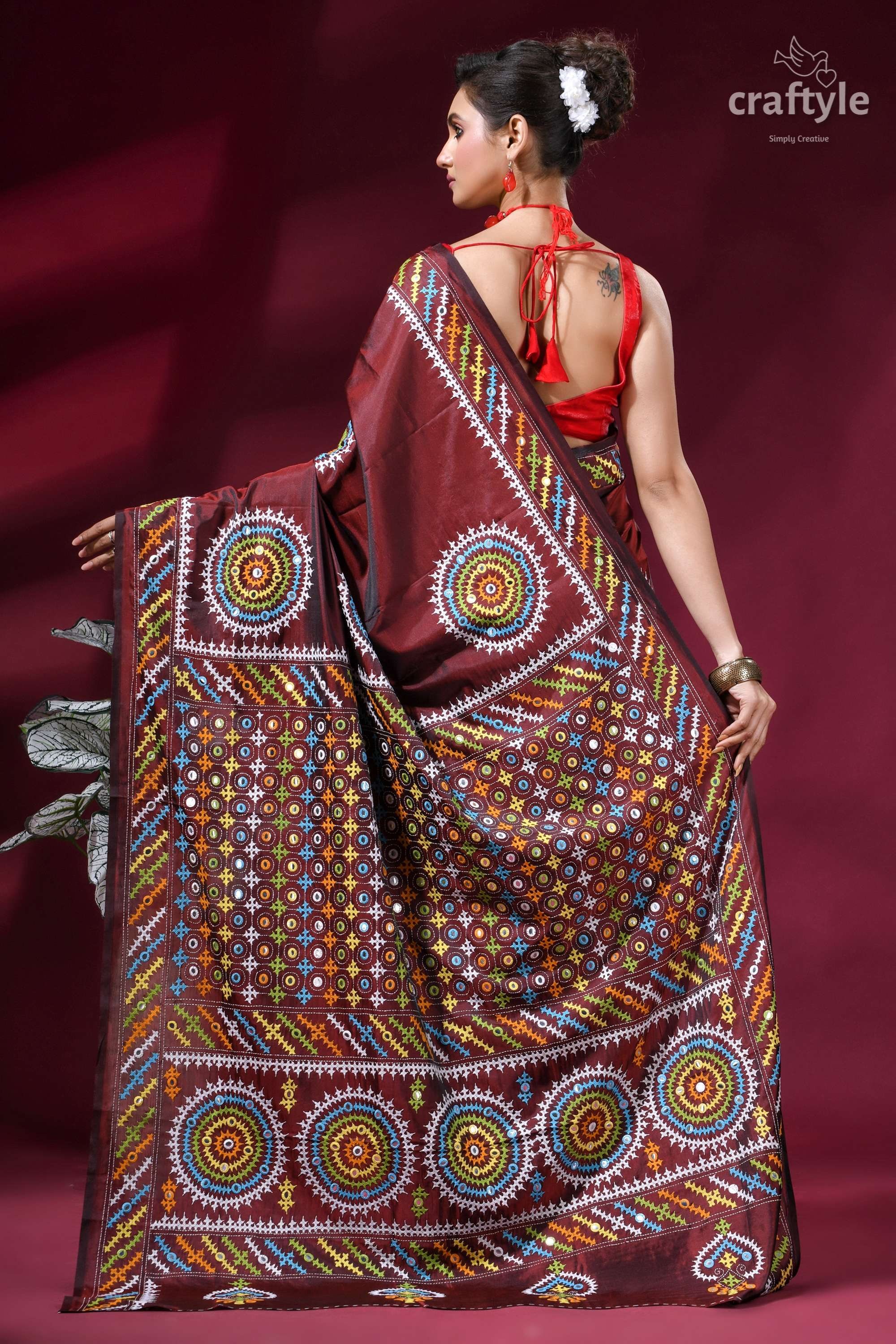 Handcrafted Kutch Work Silk Saree in Purple Brown with Mirror Work