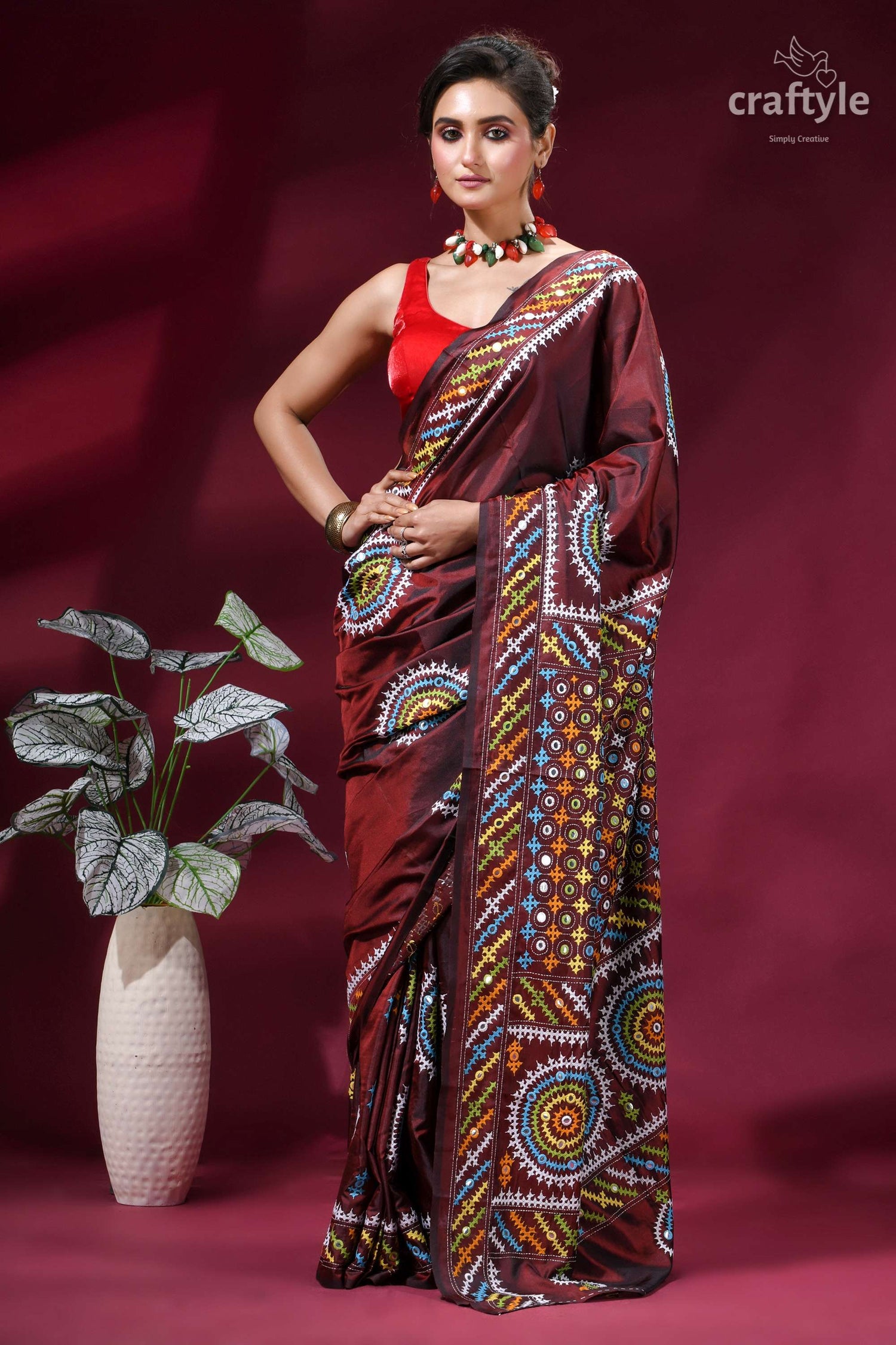 Handcrafted Kutch Work Silk Saree in Purple Brown with Mirror Work