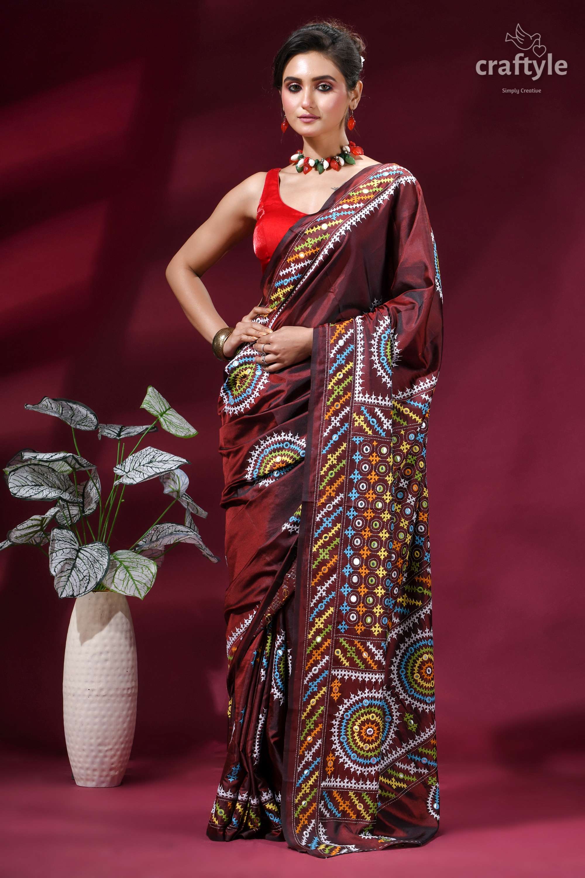 Handcrafted Kutch Work Silk Saree in Purple Brown with Mirror Work