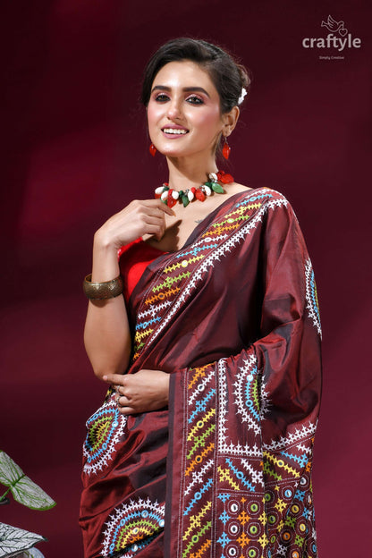 Handcrafted Kutch Work Silk Saree in Purple Brown with Mirror Work