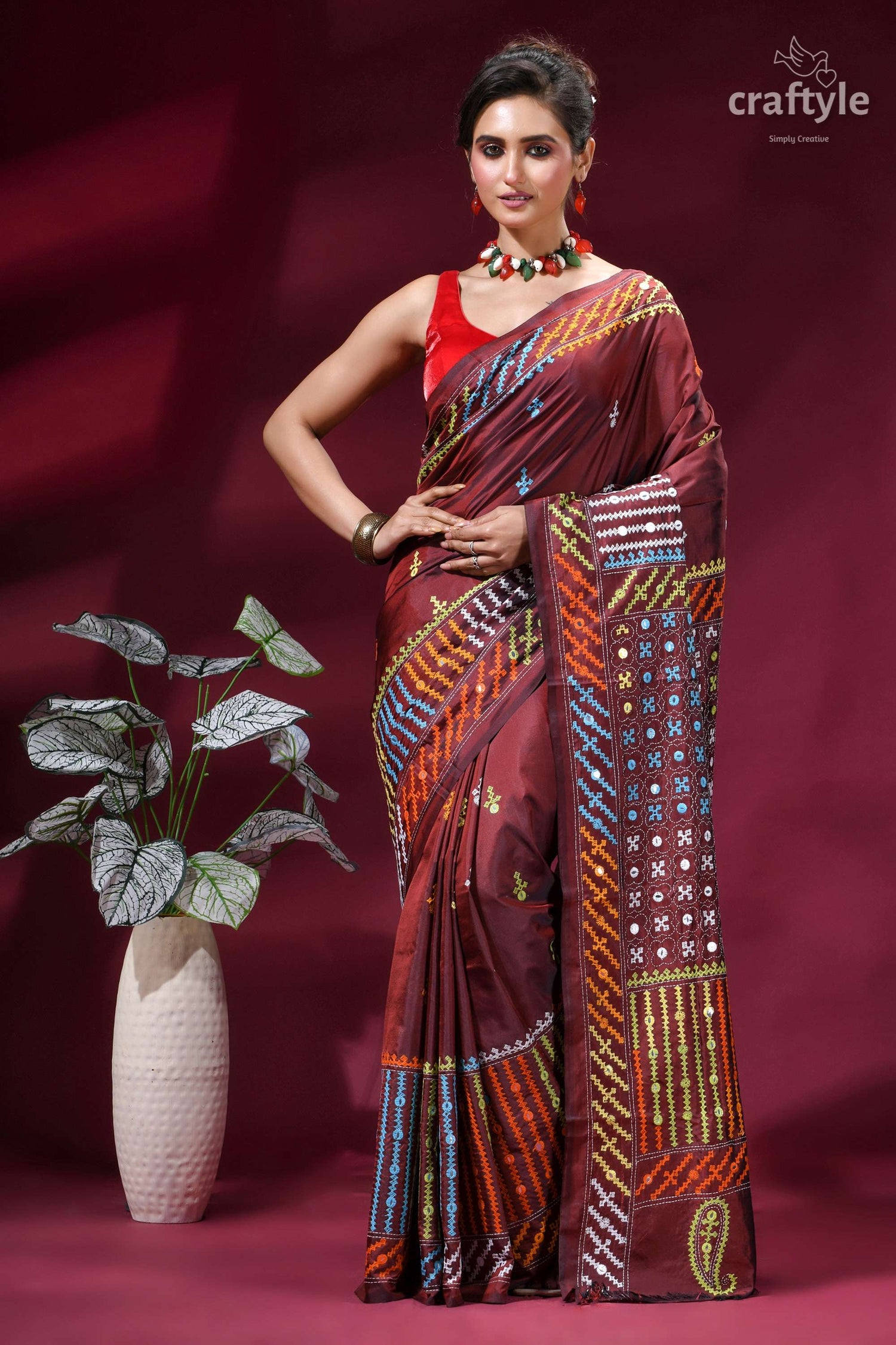Wine Berry Multi-thread Hand Kutch Embroidery Silk Saree - Mirror Detailing