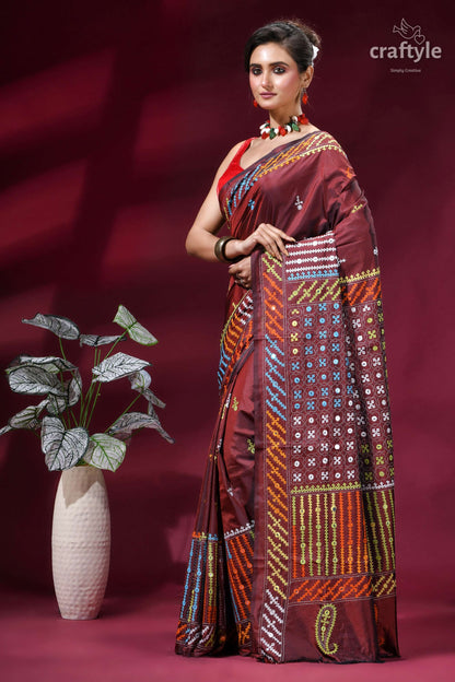 Wine Berry Multi-thread Hand Kutch Embroidery Silk Saree - Mirror Detailing