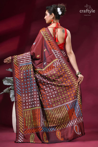Wine Berry Multi-thread Hand Kutch Embroidery Silk Saree - Mirror Detailing