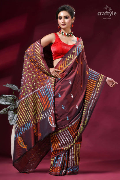 Wine Berry Multi-thread Hand Kutch Embroidery Silk Saree - Mirror Detailing