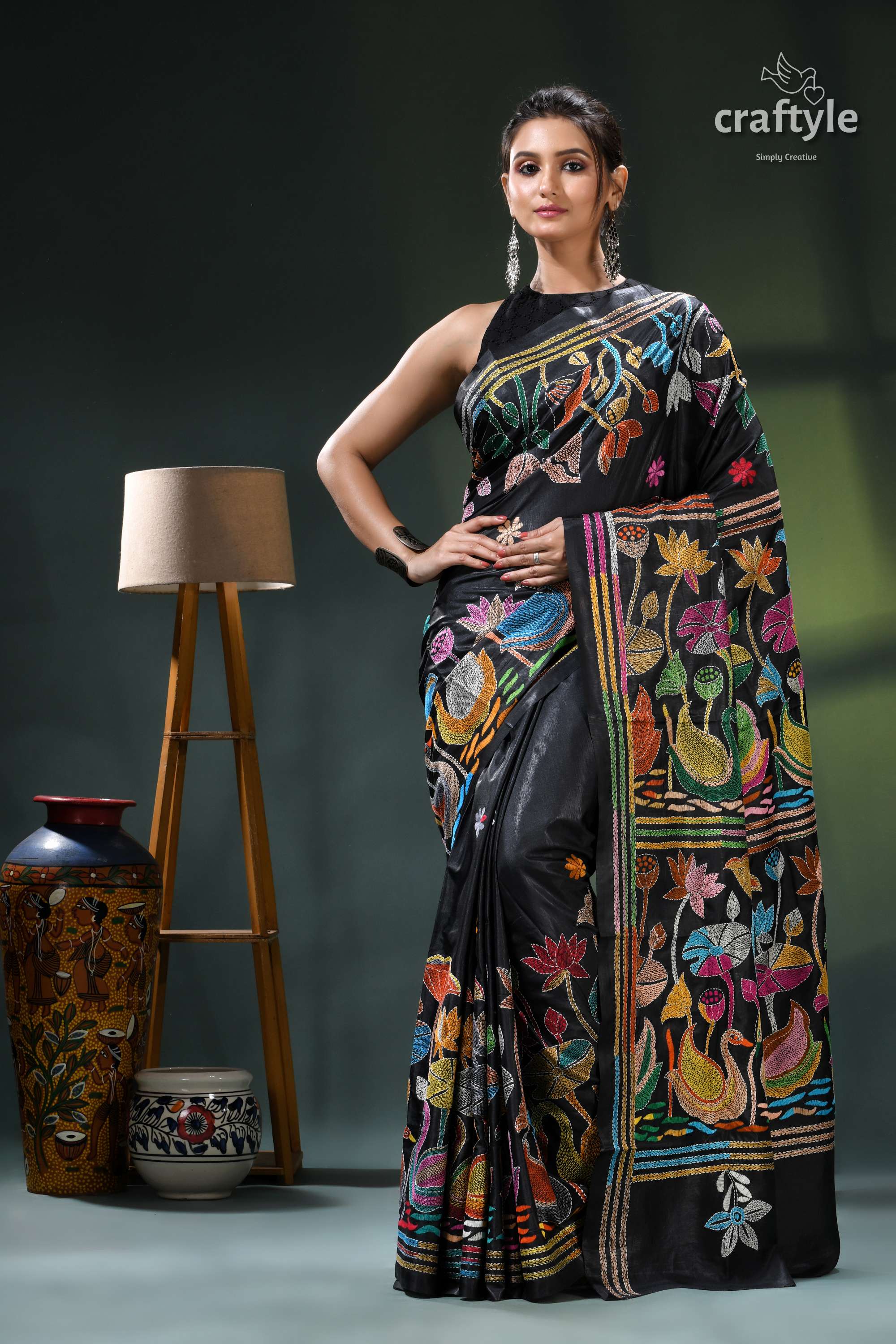 Flora and Fauna Motif Hand Embroidered Silk Kantha Saree in Black