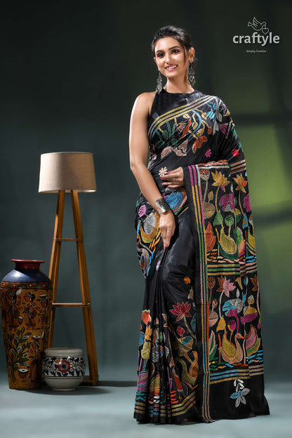 Flora and Fauna Motif Hand Embroidered Silk Kantha Saree in Black