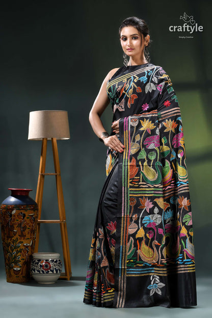 Flora and Fauna Motif Hand Embroidered Silk Kantha Saree in Black