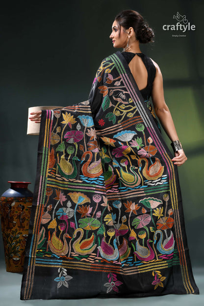 Flora and Fauna Motif Hand Embroidered Silk Kantha Saree in Black