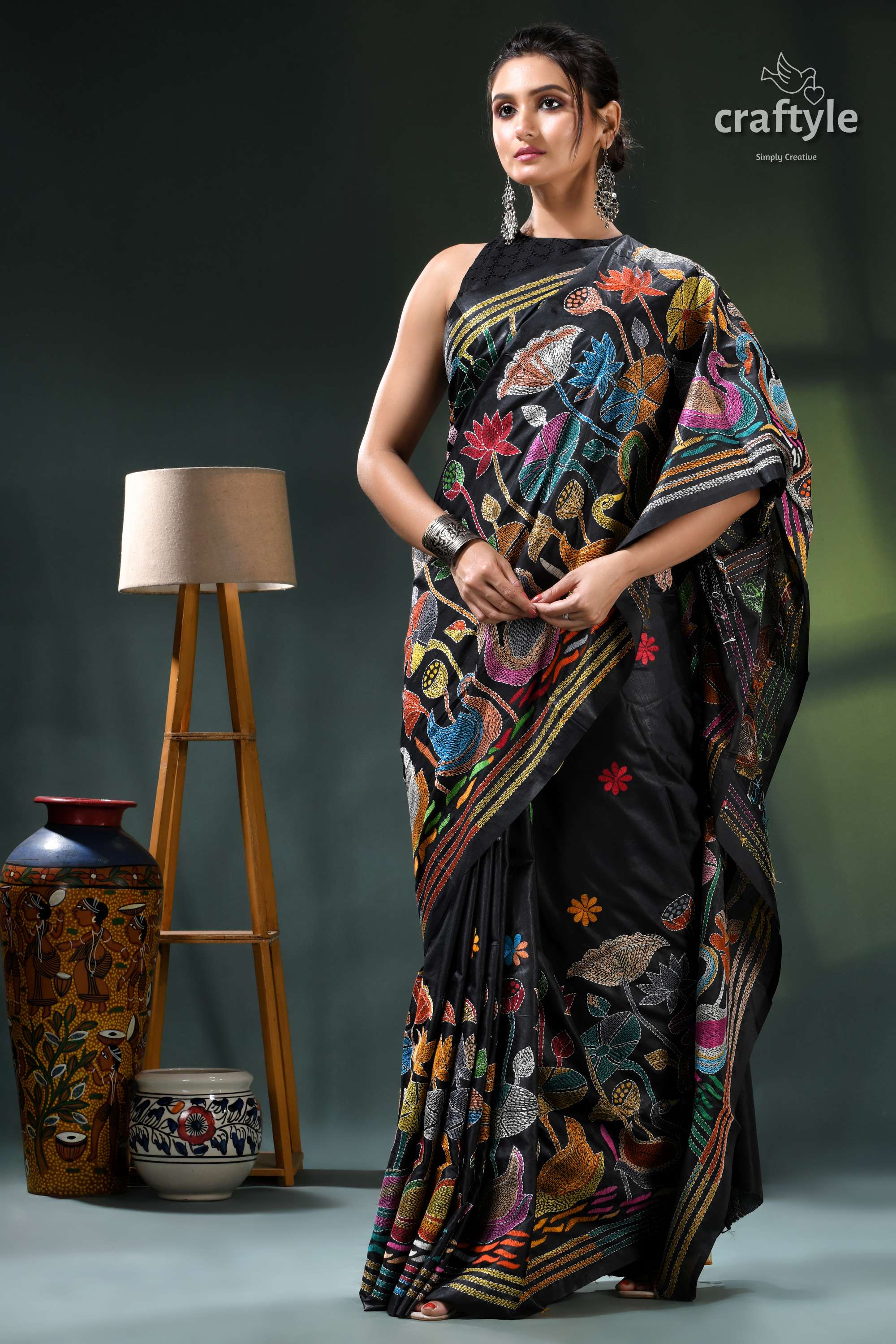 Flora and Fauna Motif Hand Embroidered Silk Kantha Saree in Black