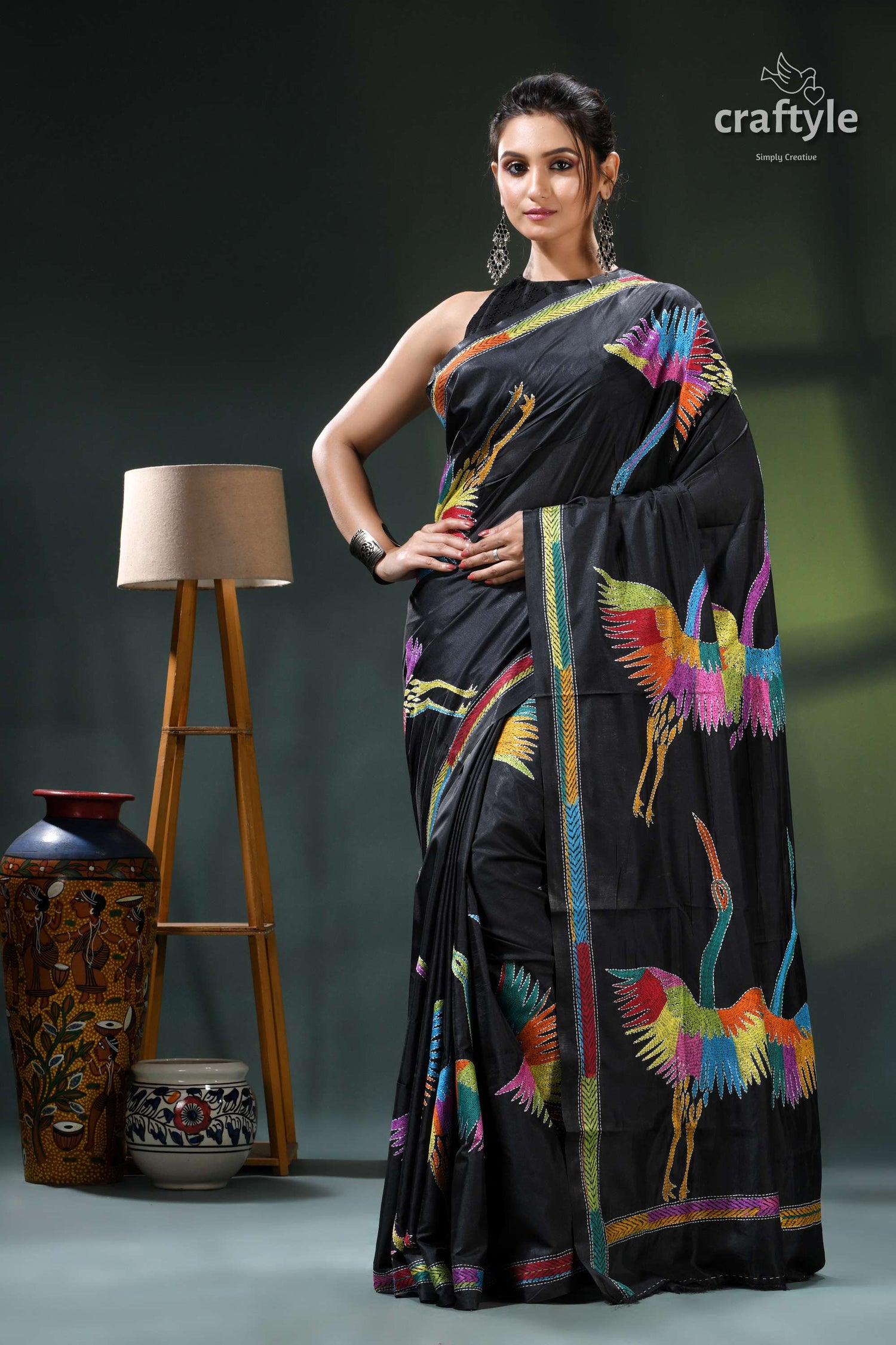 Artisanal Heron Motif Black Silk Kantha Saree - Hand Embroidery