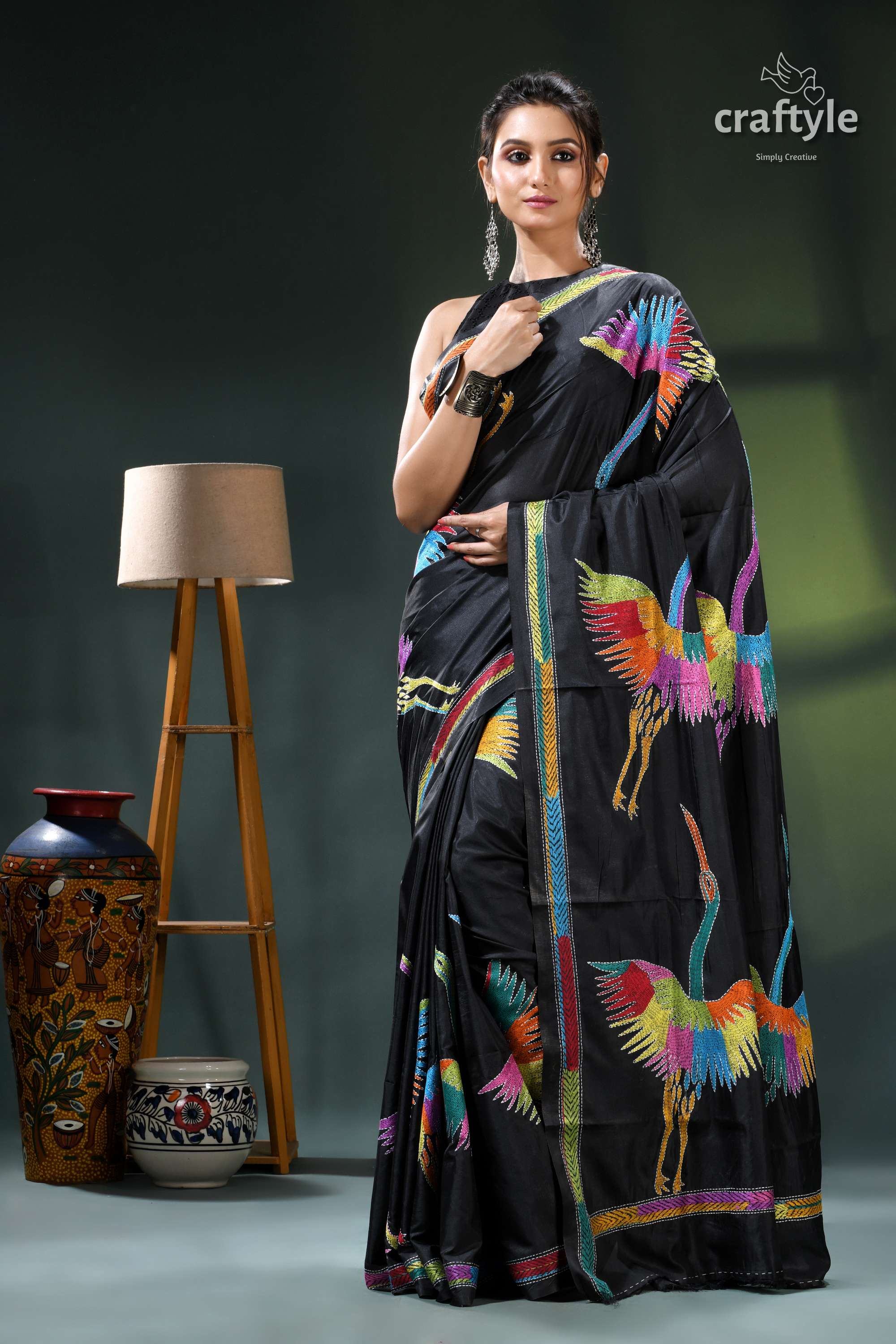Artisanal Heron Motif Black Silk Kantha Saree - Hand Embroidery