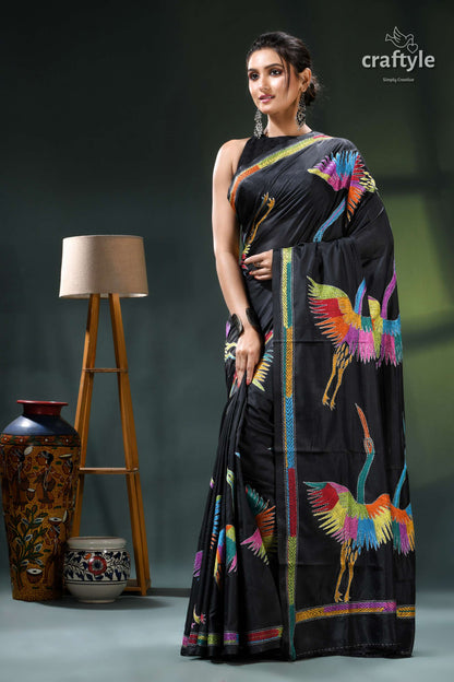 Artisanal Heron Motif Black Silk Kantha Saree - Hand Embroidery