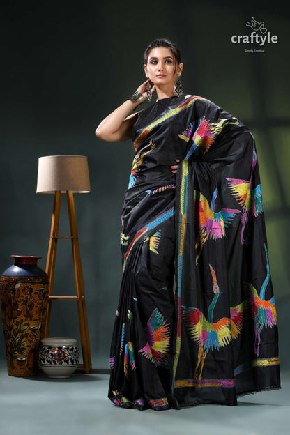 Artisanal Heron Motif Black Silk Kantha Saree - Hand Embroidery