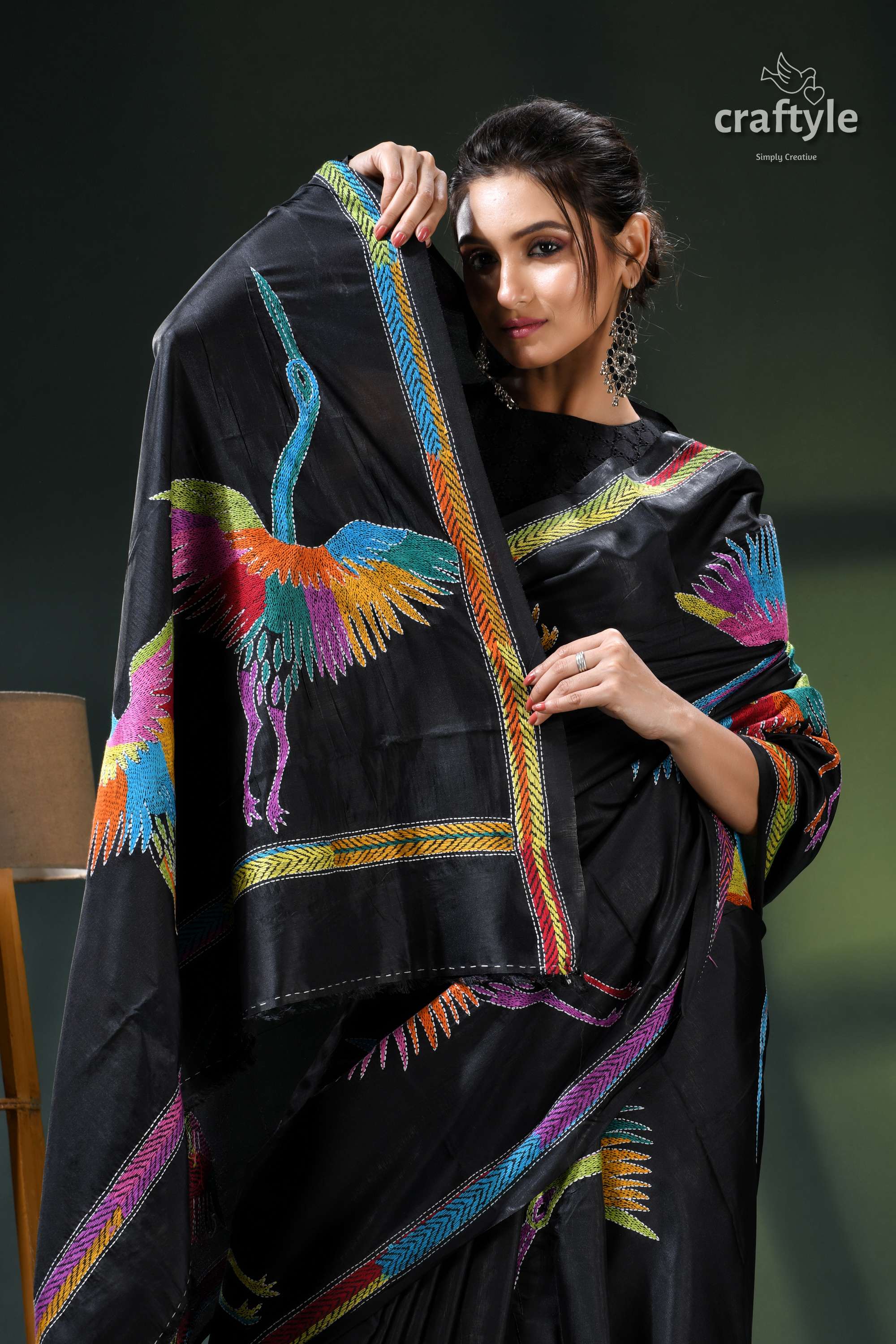 Artisanal Heron Motif Black Silk Kantha Saree - Hand Embroidery