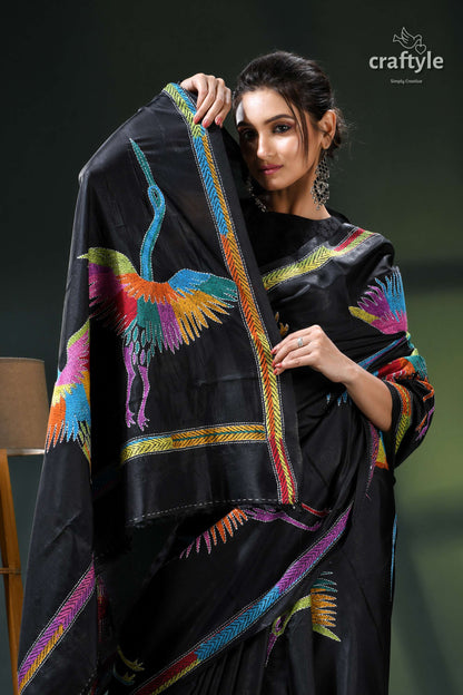 Artisanal Heron Motif Black Silk Kantha Saree - Hand Embroidery