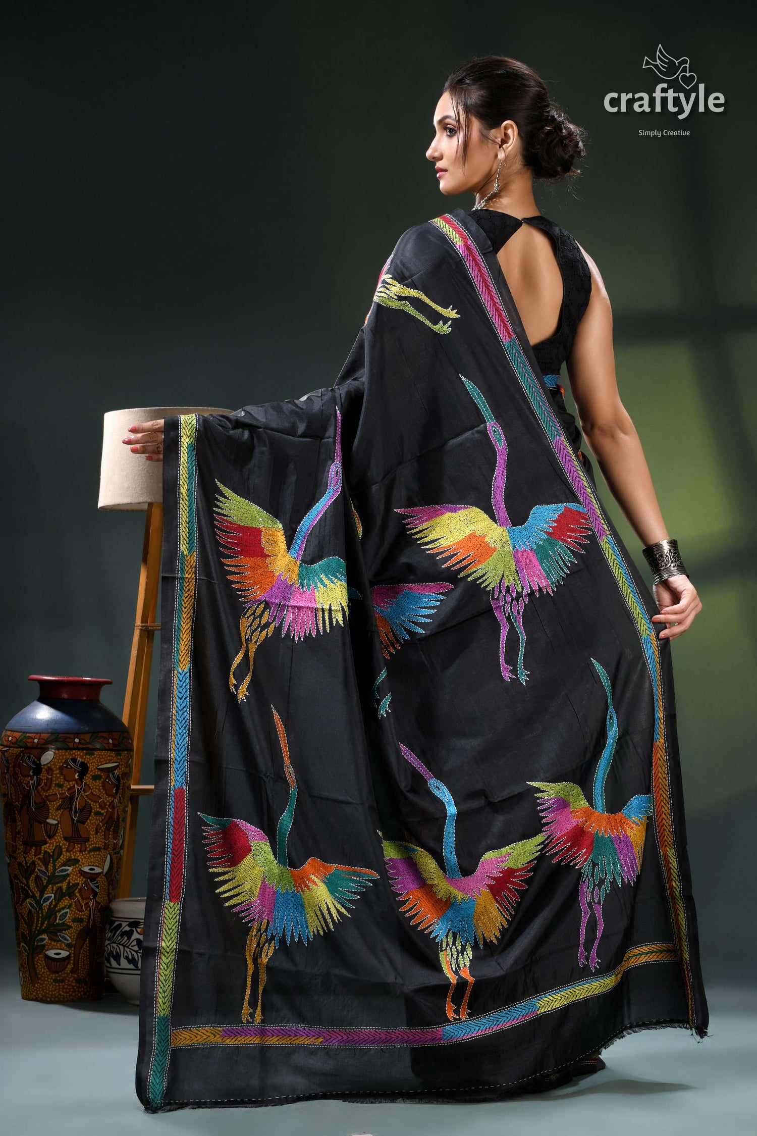 Artisanal Heron Motif Black Silk Kantha Saree - Hand Embroidery