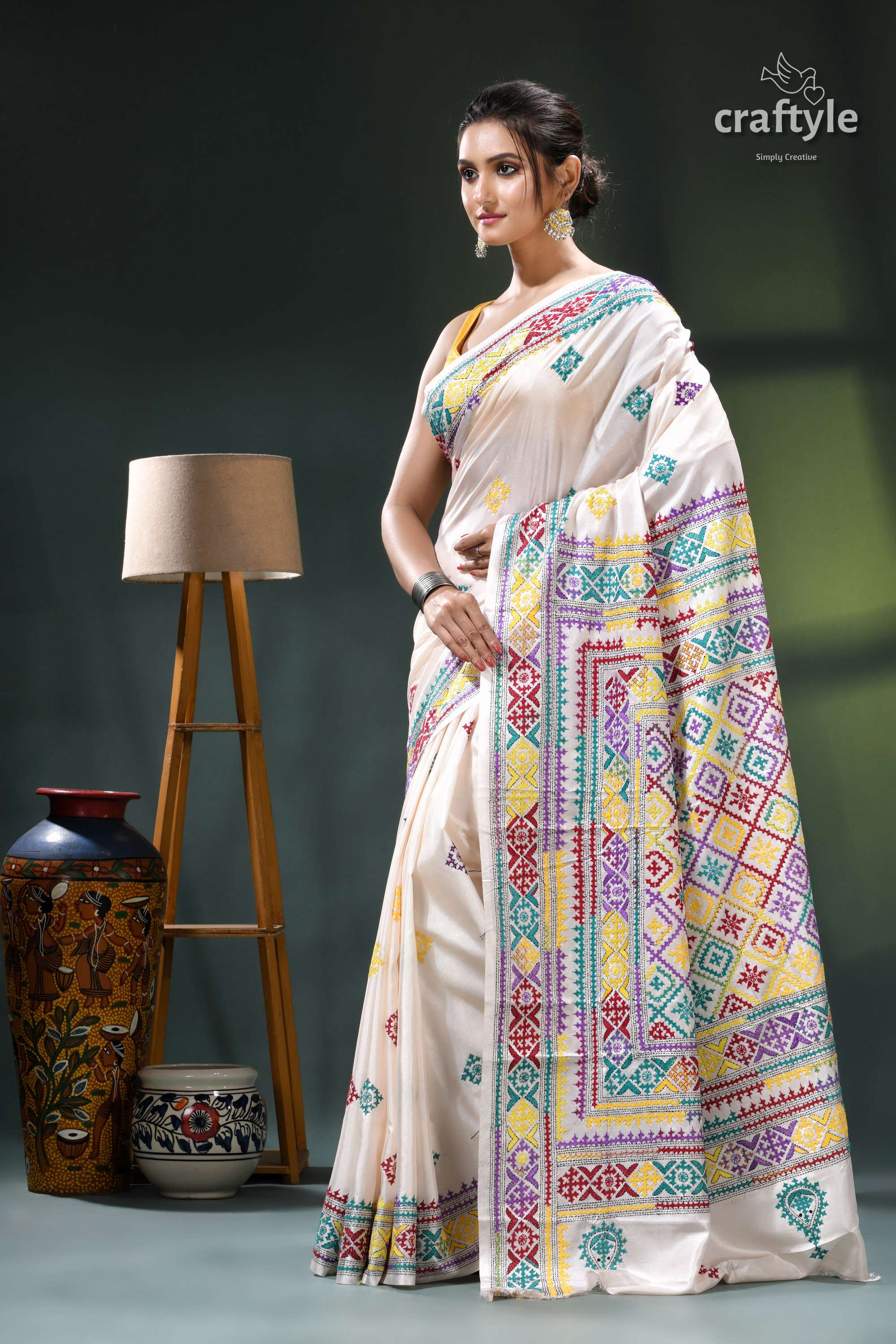 Multithread Gujrati Embroidery White Silk Kantha Stitch Saree