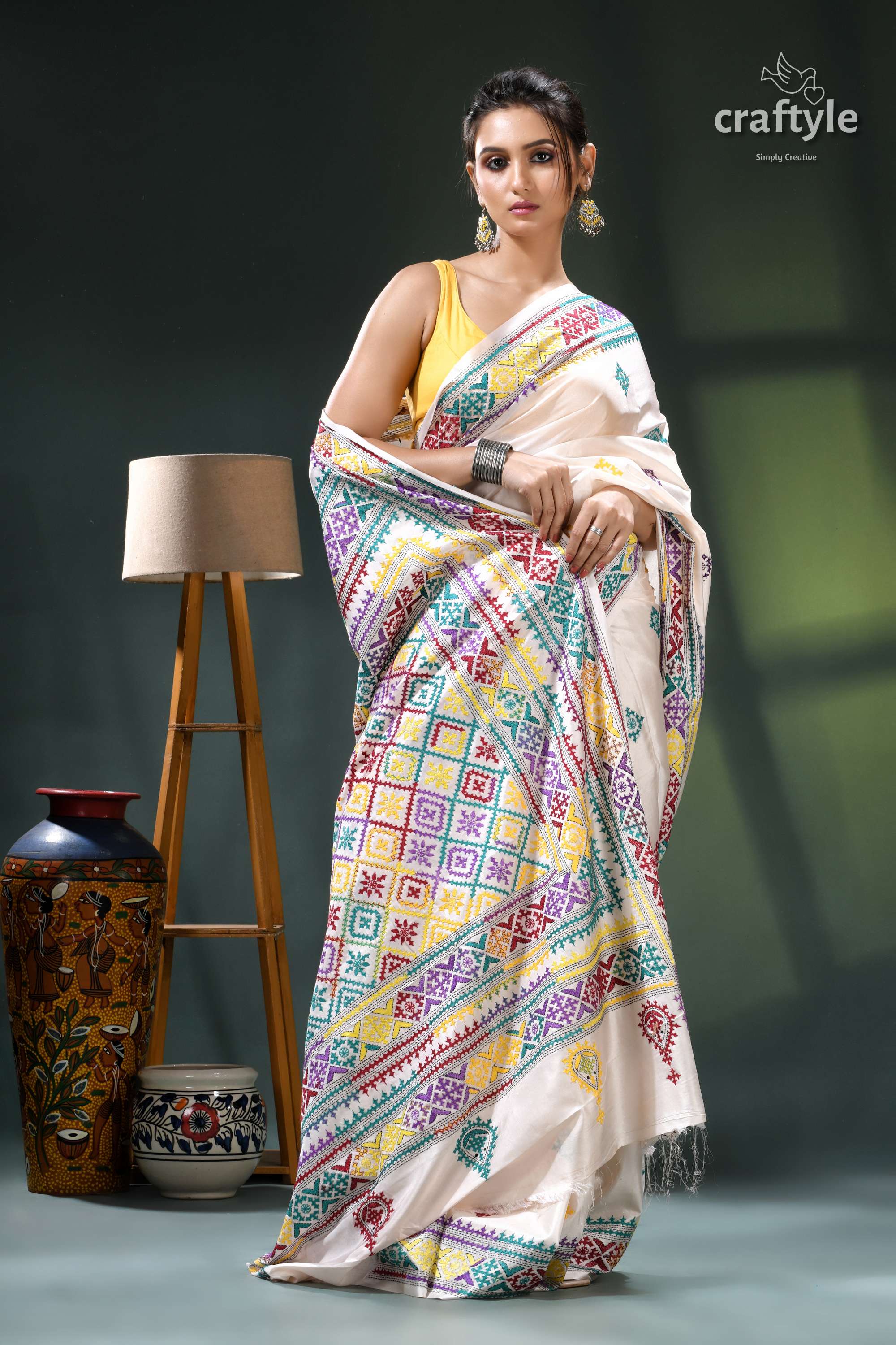 Multithread Gujrati Embroidery White Silk Kantha Stitch Saree