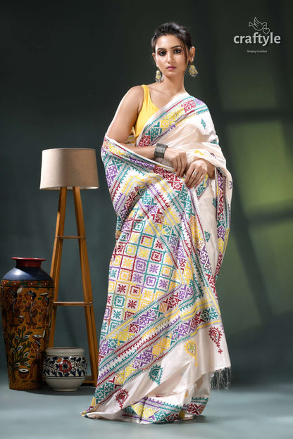 Multithread Gujrati Embroidery White Silk Kantha Stitch Saree