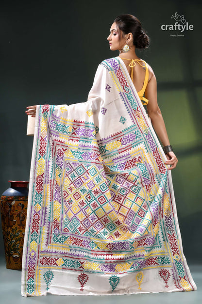 Multithread Gujrati Embroidery White Silk Kantha Stitch Saree